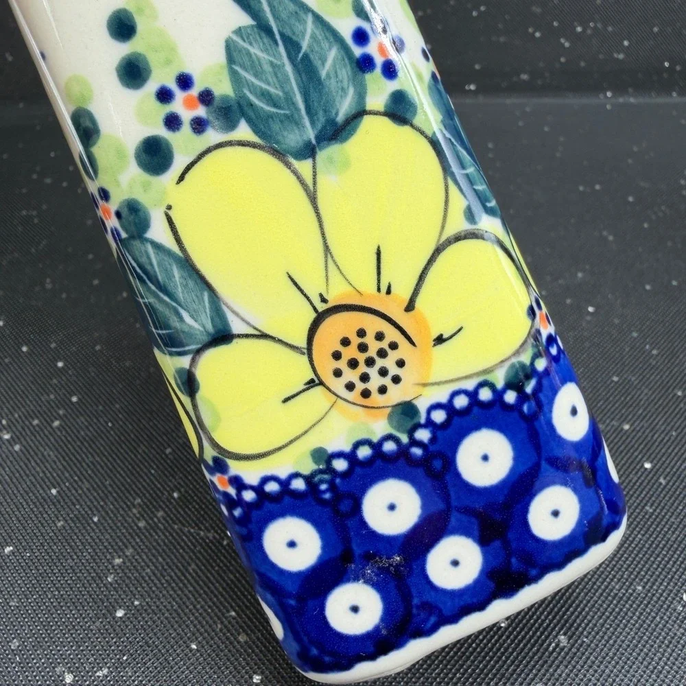 Boleslawiec Polish Pottery Bud Vase Monika J Signed Yellow Floral Blue 9.5in
